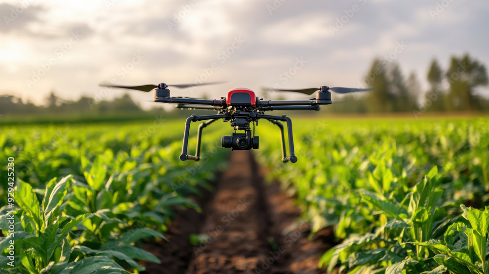 A drone flying low over a green crop field, capturing detailed aerial footage for agricultural analysis and monitoring. A drone flying low over a green crop field, capturing detailed aerial footage for agricultural analysis and monitoring.