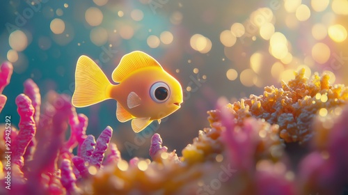 Fototapeta Naklejka Na Ścianę i Meble -  illustration of a cute baby angelfish in a bright, colorful coral reef with golden hour lighting