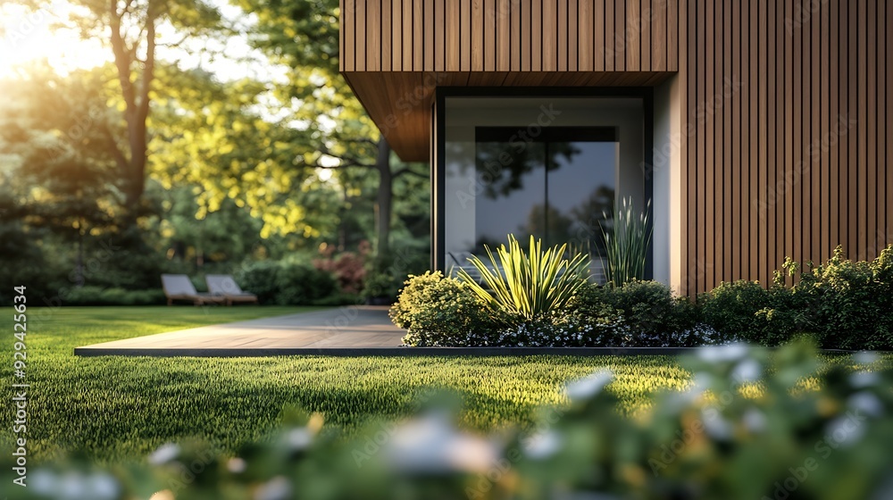 Obraz premium Modern house with wooden cladding panoramic window garden : Generative AI