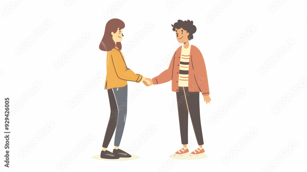 Illustration of a young woman and man shaking hands, showing friendly interaction. Both characters wear casual clothes and are depicted in a cartoon style. Illustration of a young woman and man shaking hands, showing friendly interaction. Both characters wear casual clothes and are depicted in a cartoon style.