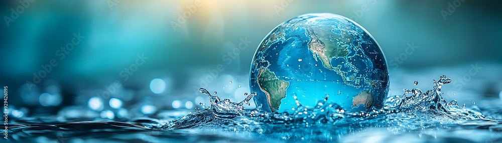Water droplets form the shape of continents on a globe, copy sapce, emphasizing the interconnectedness of water resources worldwide, Global water awareness concept design Water droplets form the shape of continents on a globe, copy sapce, emphasizing the interconnectedness of water resources worldwide, Global water awareness concept design