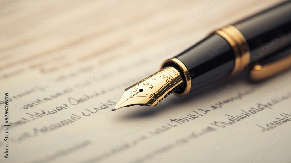 Luxurious Fountain Pen Poised Over Handwritten Text, Highlighting The Elegance And Precision Of Fine Writing. Luxurious Fountain Pen Poised Over Handwritten Text, Highlighting The Elegance And Precision Of Fine Writing.