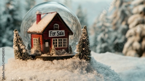 A Miniature House In A Snow Globe Labeled 'For Sale' Amid A Snowy Pine Forest Indicating A Holiday Concept