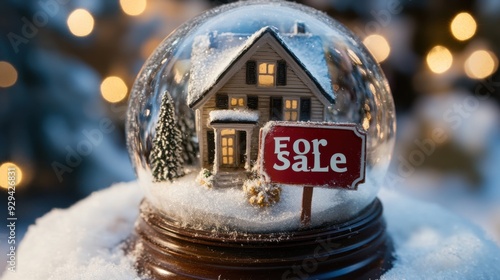 Miniature House With 'For Sale' Sign Inside Snow Globe, Festive Lights In Background, Snowy Scene.
