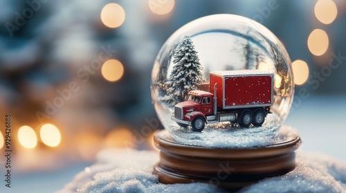 Red Truck Inside A Snow Globe With Snowy Scene And Pine Trees, Festive And Cozy Christmas Atmosphere.