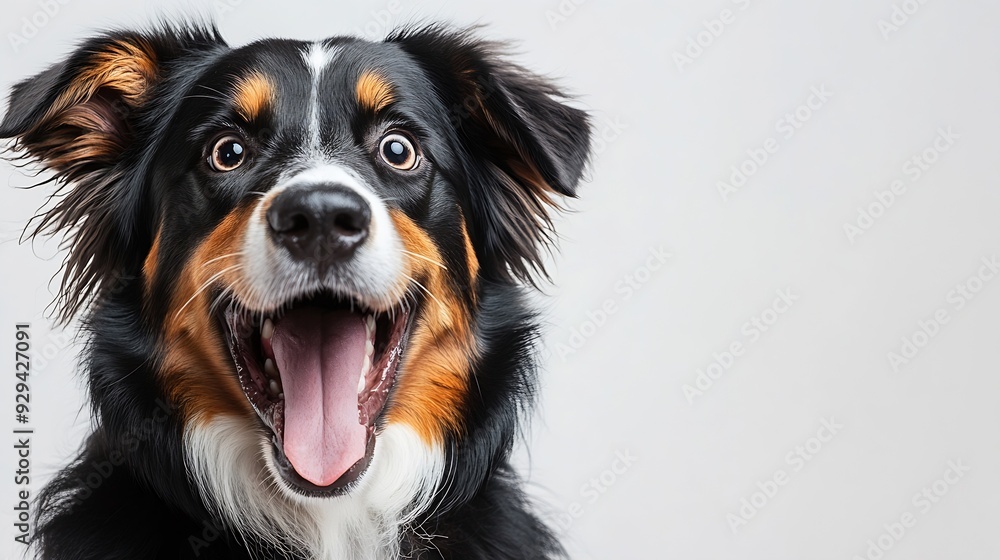Black Tricolor Australian Shepherd panting mouth open and looking at the camera isolated on white : Generative AI Black Tricolor Australian Shepherd panting mouth open and looking at the camera isolated on white : Generative AI