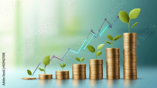 Stacks Of Coins Grow In Quantity With Sprouting Plants And Rising Graph Symbolizing Financial Growth. photo