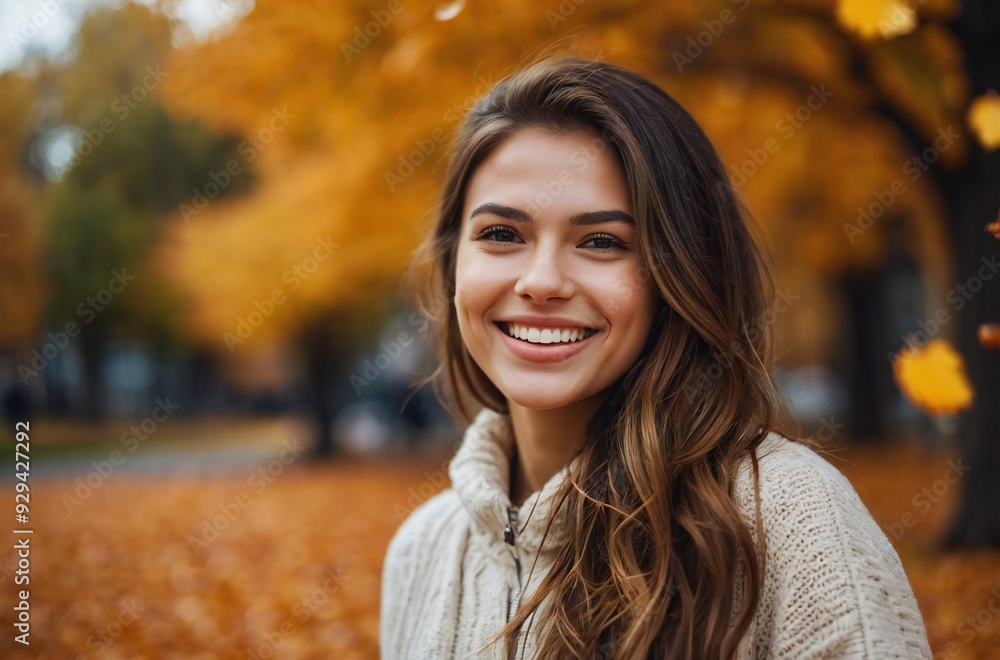 Young Woman Smiling in Autumn Leaves - Portrait of Happy Girl in Fall Park Young Woman Smiling in Autumn Leaves - Portrait of Happy Girl in Fall Park