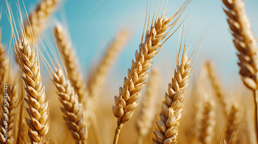 Organic wheat field, golden ears swaying in wind with copy space Organic wheat field, golden ears swaying in wind with copy space