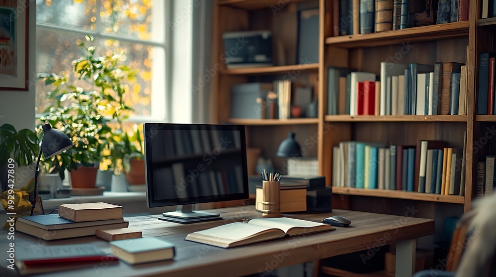 Shelf unit with books and stylish workplace in home library : Generative AI Shelf unit with books and stylish workplace in home library : Generative AI