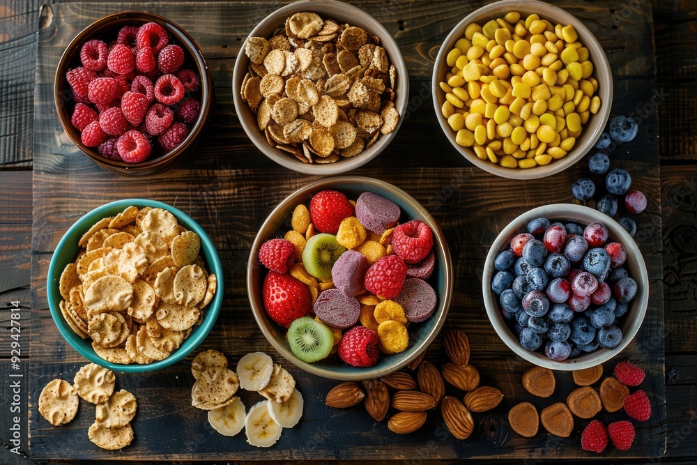 A wooden table set with bowls of cereal, fruit, and nuts, perfect for a quick morning meal A wooden table set with bowls of cereal, fruit, and nuts, perfect for a quick morning meal