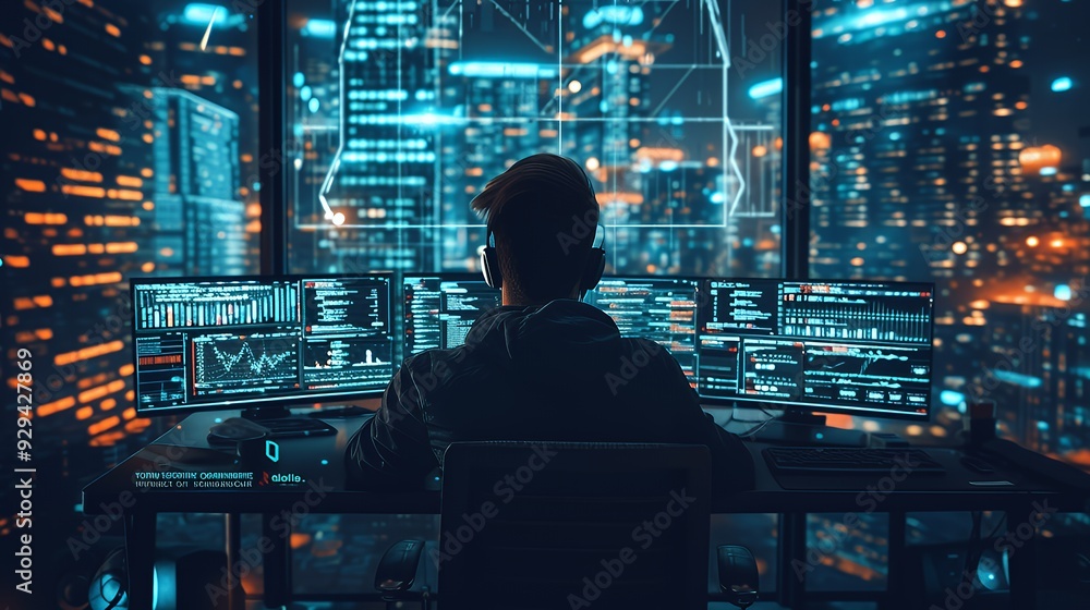 A person analyzing data on multiple screens in a futuristic urban environment. A person analyzing data on multiple screens in a futuristic urban environment.