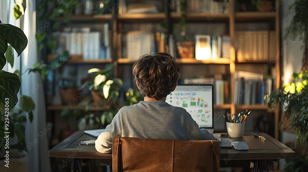 Full length back view portrait of boy doing homework at desk homeschooling concept copy space : Generative AI
