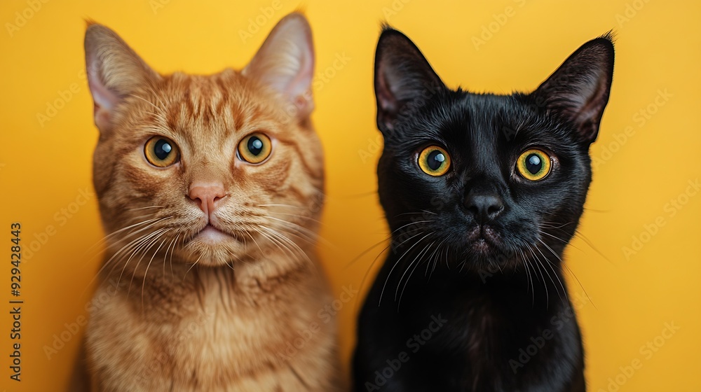 Black and brown dog and cat portrait together on yellow background isolated : Generative AI Black and brown dog and cat portrait together on yellow background isolated : Generative AI
