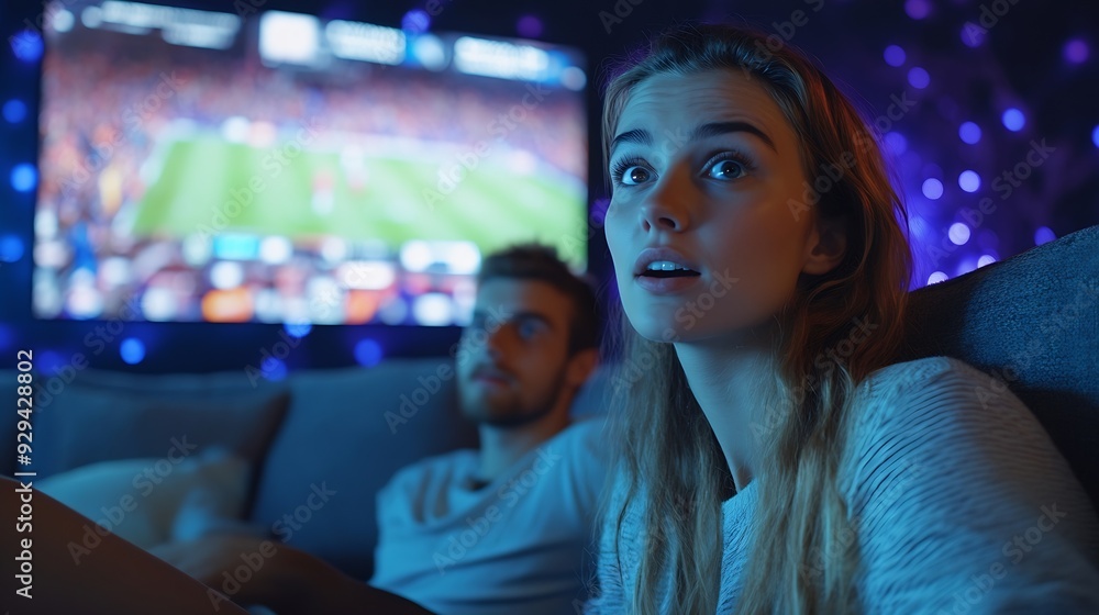 Obraz premium Astonished young people emotional friends watching football match sport show Youth sitting on sofa in front of huge 3D model of tv screen Concept of sport leisure activities betting ad : Generative AI