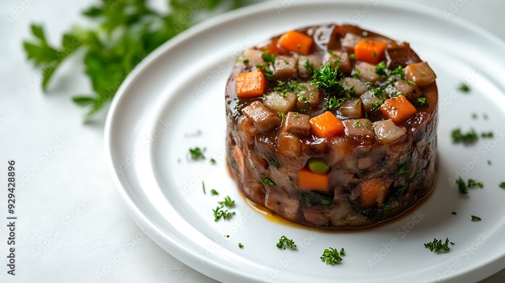 Aspic in plate Homemade food Cooking at home Isolate on a white background Top view : Generative AI Aspic in plate Homemade food Cooking at home Isolate on a white background Top view : Generative AI