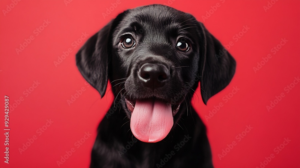 Funny portrait hungry labrador retriever puppy dog licking its lips with tongue Isolated on red solid background : Generative AI Funny portrait hungry labrador retriever puppy dog licking its lips with tongue Isolated on red solid background : Generative AI