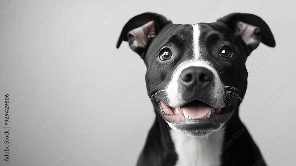 Studio portrait of black and white pit bull type rescue dog standing smiling looking forward against a white backdrop : Generative AI Studio portrait of black and white pit bull type rescue dog standing smiling looking forward against a white backdrop : Generative AI