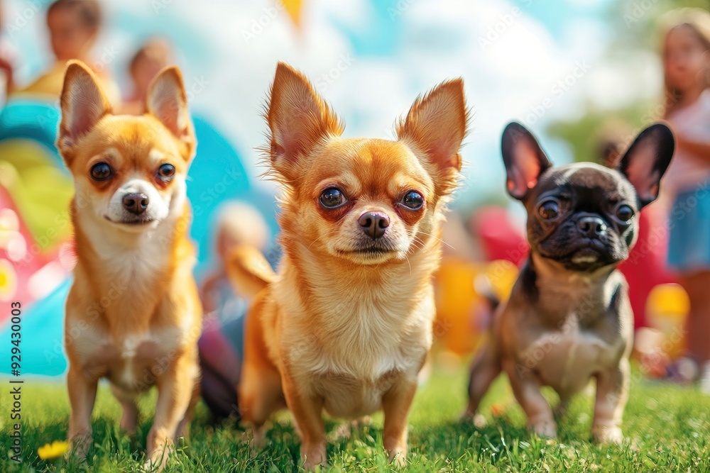 A group of three small dogs, a Chihuahua, a Pomeranian, and a French bulldog, playing together in a colorful park with children in the background. copy space , ai A group of three small dogs, a Chihuahua, a Pomeranian, and a French bulldog, playing together in a colorful park with children in the background. copy space , ai