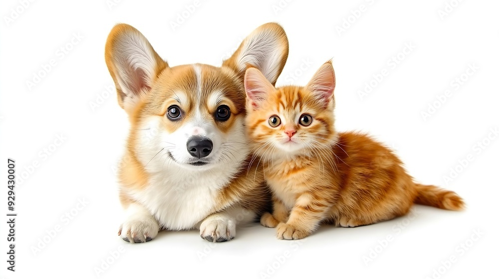 Cute Welsh corgi puppy and a red kitten sit together on a white background isolated on a white background : Generative AI Cute Welsh corgi puppy and a red kitten sit together on a white background isolated on a white background : Generative AI