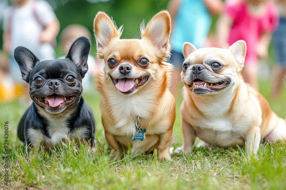A group of three small dogs, a Chihuahua, a Pomeranian, and a French bulldog, playing together in a colorful park with children in the background. copy space , ai A group of three small dogs, a Chihuahua, a Pomeranian, and a French bulldog, playing together in a colorful park with children in the background. copy space , ai
