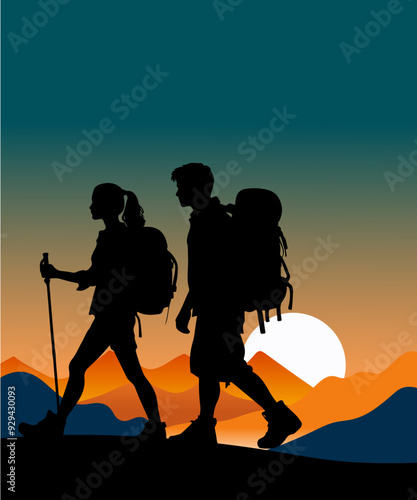 Silhouettes of a couple man and woman trekking in mountains and enjoying the outdoor activity together