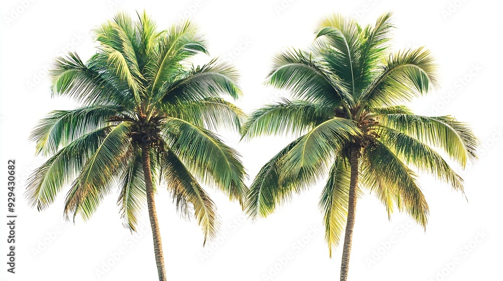 Fototapeta premium Vibrant foliage two big tree Coconut isolated on white background Evergreen palm tree for design Tropical colorful exotic lush plant Green leaf garden decor Forest wood summer beach se : Generative AI