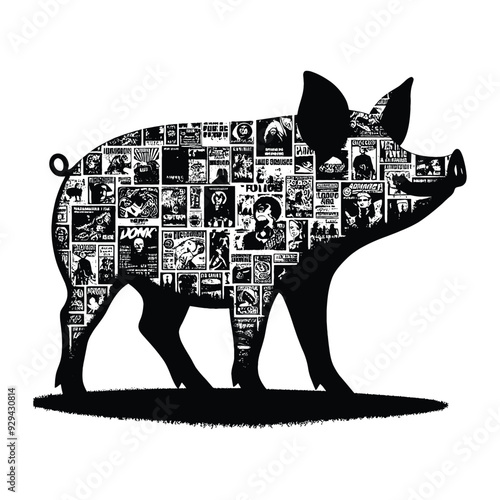 silhouette of Pig filled with vintage punk's poster collage wall in rough drawing,