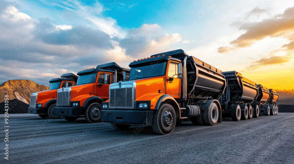 Lineup of heavy-duty orange dump trucks at a construction site, ready for transporting materials, showcasing industrial strength and large-scale operations. Lineup of heavy-duty orange dump trucks at a construction site, ready for transporting materials, showcasing industrial strength and large-scale operations.