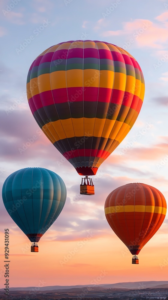 Naklejka premium Colorful hot air balloons soaring in a picturesque sunset sky, creating a vibrant and serene atmosphere for adventure.