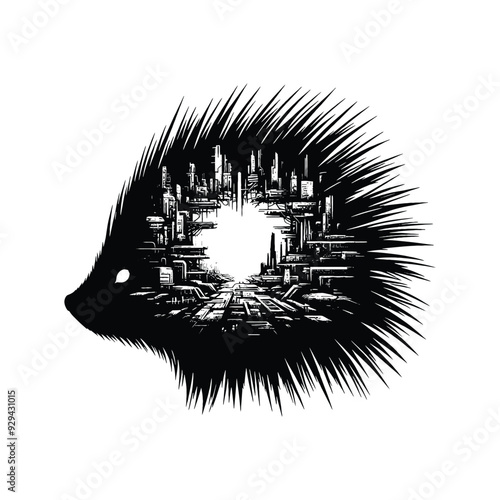 silhouette of porcupine, filled with destroyed futuristic dystopia environment in rough drawing,