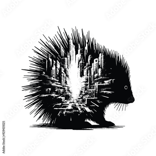 silhouette of porcupine filled with destroyed futuristic dystopia environment in rough drawing,