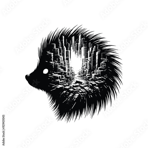 silhouette of porcupine, filled with destroyed futuristic dystopia environment in rough drawing,