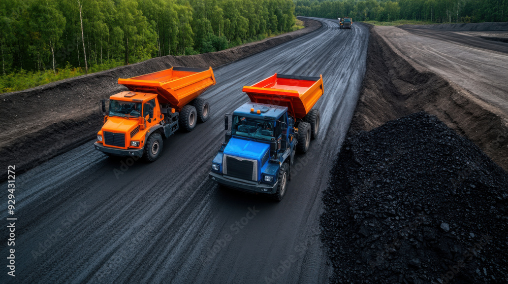 Fototapeta premium Two large dump trucks hauling materials on a mining road, showcasing industrial transportation and heavy-duty construction equipment.