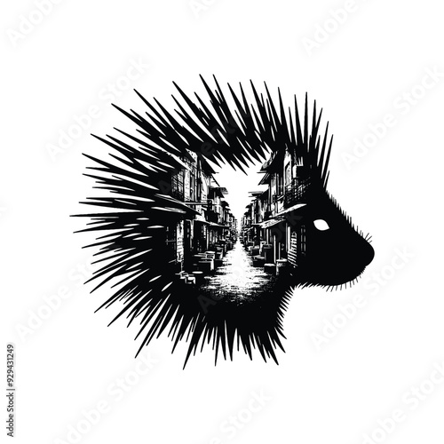 silhouette of porcupine, filled with ghetto street in rough drawing,