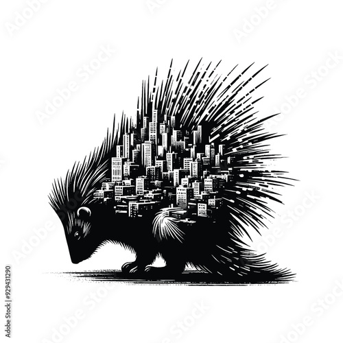 silhouette of porcupine filled with ghetto street in rough drawing,