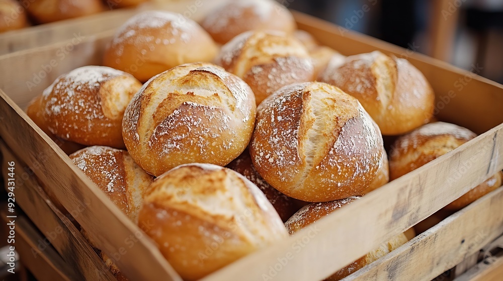 Closeup hot Fresh Baked Bread Rolls in a wooden box for the customer the stack of freshly baked bread rolls warm light from above : Generative AI Closeup hot Fresh Baked Bread Rolls in a wooden box for the customer the stack of freshly baked bread rolls warm light from above : Generative AI