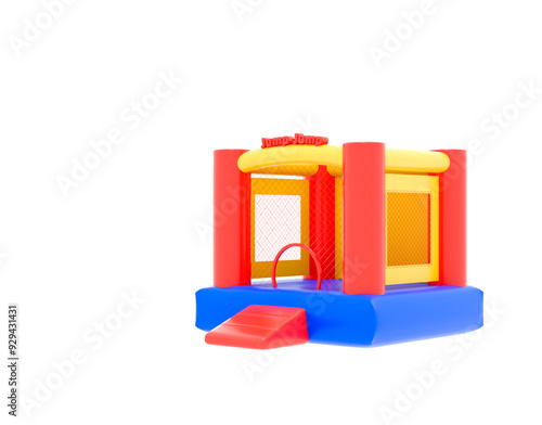 Castillo inflable pequeño, brincolin para fiestas y eventos infantiles. Juego inflable para niños. Fondo blanco photo