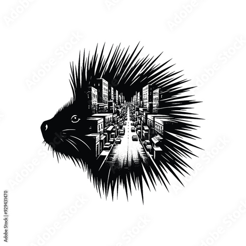silhouette of porcupine, filled with ghetto street in rough drawing,