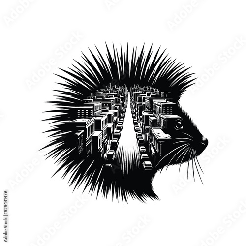 silhouette of porcupine, filled with ghetto street in rough drawing,