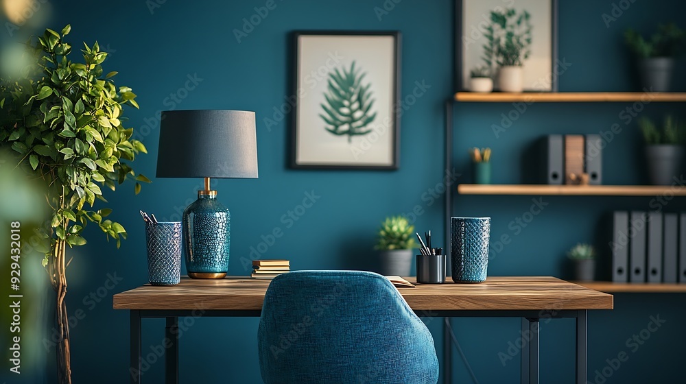 Small and stylish study area with wooden desk nice chair decorations modern lamps and shelf : Generative AI Small and stylish study area with wooden desk nice chair decorations modern lamps and shelf : Generative AI