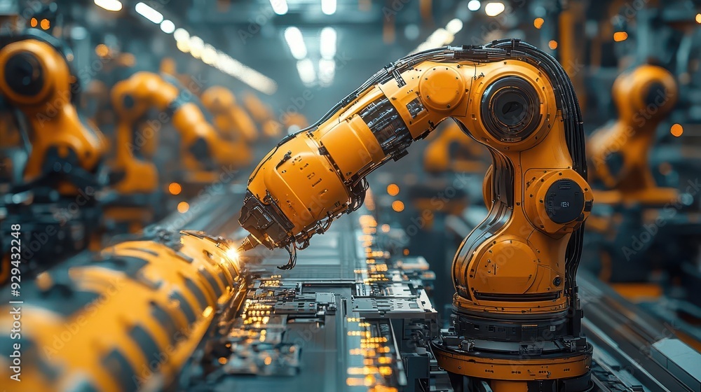 futuristic factory interior with robotic arms precisely welding car parts hightech automotive manufacturing showcasing advanced industrial automation futuristic factory interior with robotic arms precisely welding car parts hightech automotive manufacturing showcasing advanced industrial automation
