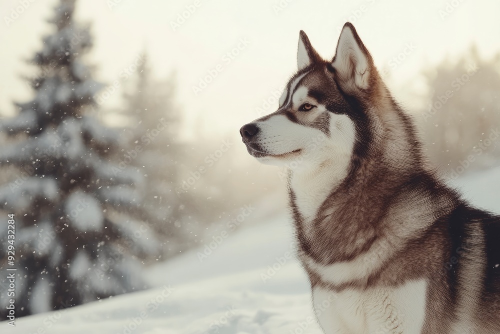 A Siberian Husky standing in a snowy landscape, its thick fur contrasting against the white snow, with pine trees in the background. copy space , ai A Siberian Husky standing in a snowy landscape, its thick fur contrasting against the white snow, with pine trees in the background. copy space , ai
