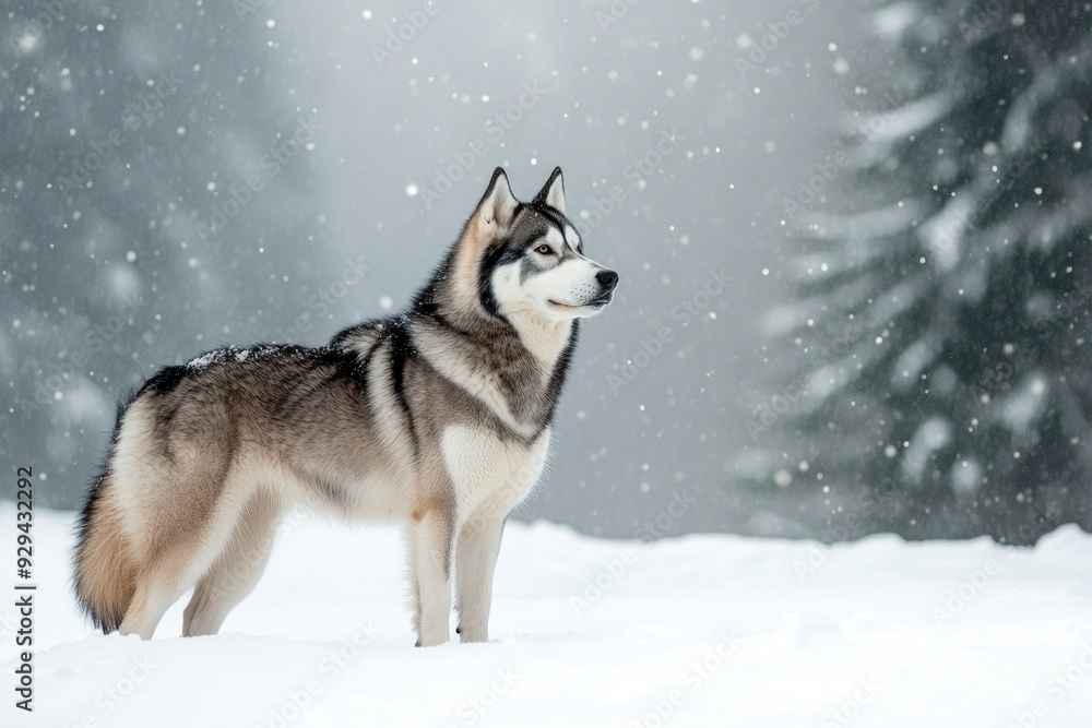 A Siberian Husky standing in a snowy landscape, its thick fur contrasting against the white snow, with pine trees in the background. copy space , ai A Siberian Husky standing in a snowy landscape, its thick fur contrasting against the white snow, with pine trees in the background. copy space , ai