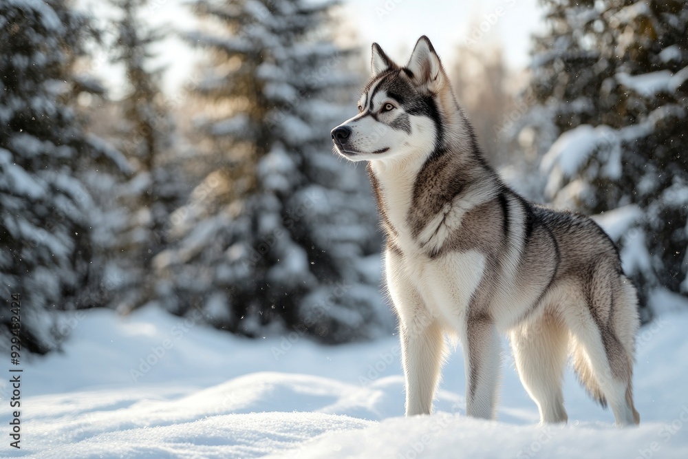 A Siberian Husky standing in a snowy landscape, its thick fur contrasting against the white snow, with pine trees in the background. copy space , ai A Siberian Husky standing in a snowy landscape, its thick fur contrasting against the white snow, with pine trees in the background. copy space , ai
