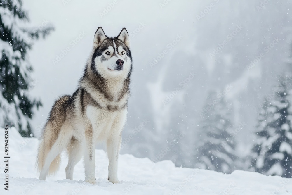 A Siberian Husky standing in a snowy landscape, its thick fur contrasting against the white snow, with pine trees in the background. copy space , ai A Siberian Husky standing in a snowy landscape, its thick fur contrasting against the white snow, with pine trees in the background. copy space , ai