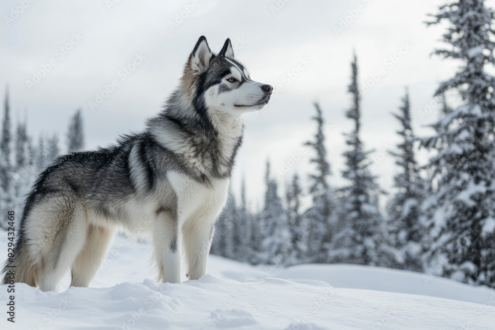 Naklejka premium A Siberian Husky standing in a snowy landscape, its thick fur contrasting against the white snow, with pine trees in the background. copy space , ai