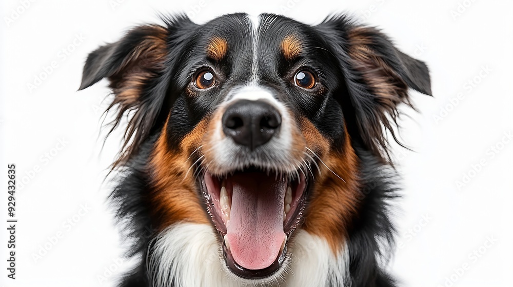 Black Tricolor Australian Shepherd panting mouth open and looking at the camera isolated on white : Generative AI Black Tricolor Australian Shepherd panting mouth open and looking at the camera isolated on white : Generative AI