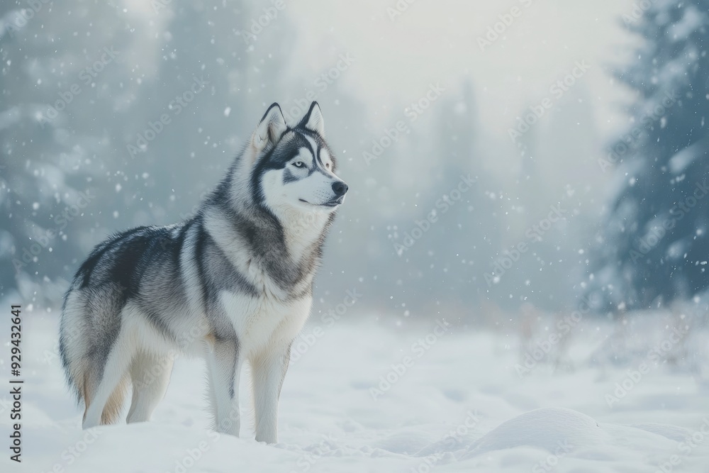 Naklejka premium A Siberian Husky standing in a snowy landscape, its thick fur contrasting against the white snow, with pine trees in the background. copy space , ai
