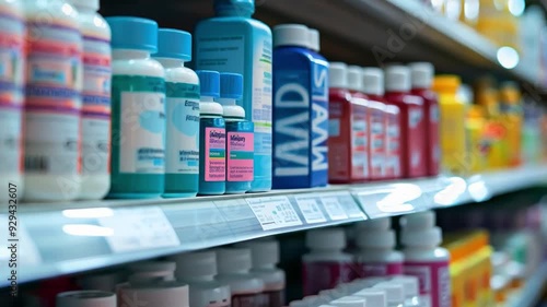 Wallpaper Mural Colorful medication bottles and health products are neatly arranged on shelves in a well-lit pharmacy setting. Torontodigital.ca